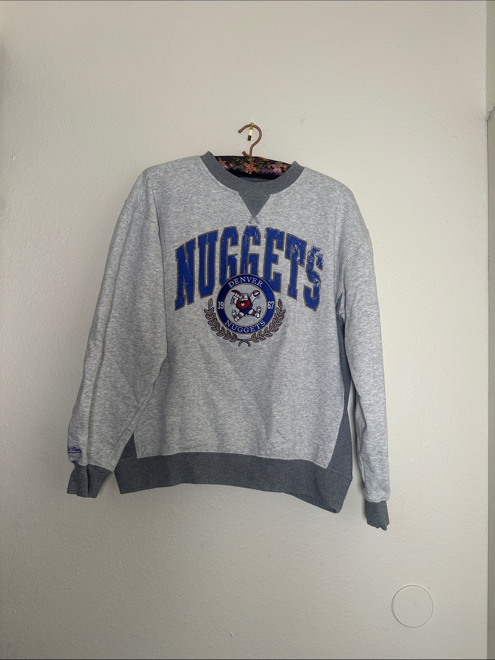 Mitchell & Ness Gray Denver Nuggets Crewneck with Blue & Gold Logo